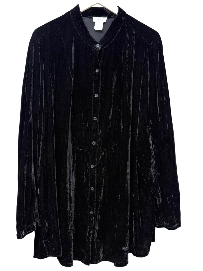 Kate Hill Black Velvet Blouse Womens Plus 2x Long Sleeve Button Up Tunic Top